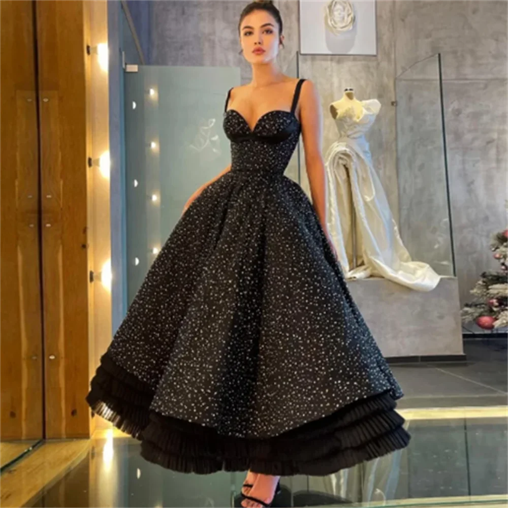 

Elegant Black A-line sequin Women's Dress Celebrity Prom Dresses For Women Black Dress Ankle Backless Length Evening Dresses