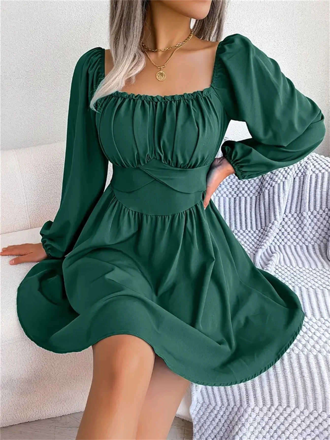 Casual Ruched Square Neck  Long Sleeve Ruffle Trim Dress For Spring & Fall, Women's Clothing