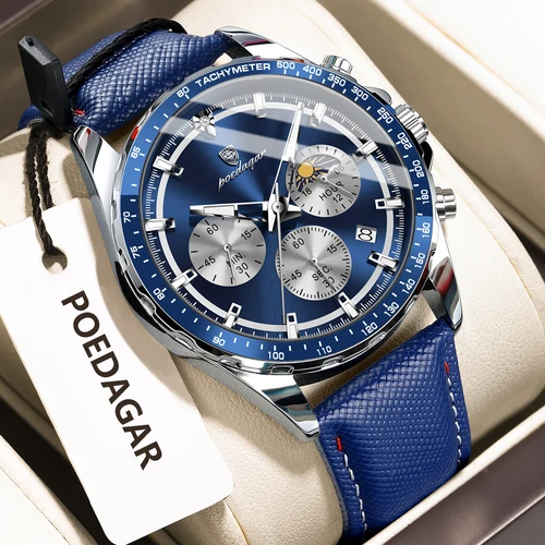 Imagen 2 del producto Reloj POEDAGAR Original a la moda para hombre, Reloj luminoso resistente al agua con cronógrafo y fecha para hombre, Reloj de pulsera deportivo de cuarzo de cuero para hombre