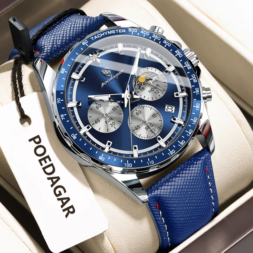 Reloj POEDAGAR original de moda para hombre, luminoso, resistente al agua, cronógrafo, fecha, cuero, cuarzo deportivo 2