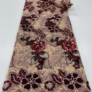 Lantejoulas africanas tecido de renda de veludo nigeriano malha francesa tecidos de renda líquida para costura 2023 vestido de festa de casamento de alta qualidade rc129 9 principais vendas pano de veludo o metro - №9