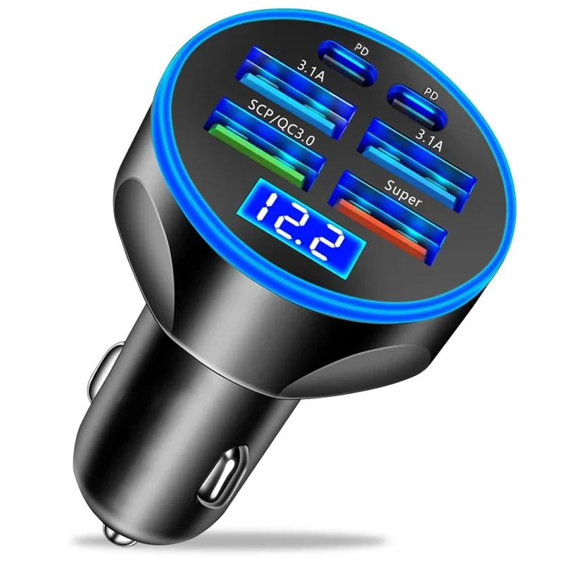 USB C Car Charger Adapter 4 USB A and 2 PD Super Fast Charge with Voltage Monitor for iPhone Samsung Huawei Vivo OPPO Oneplus