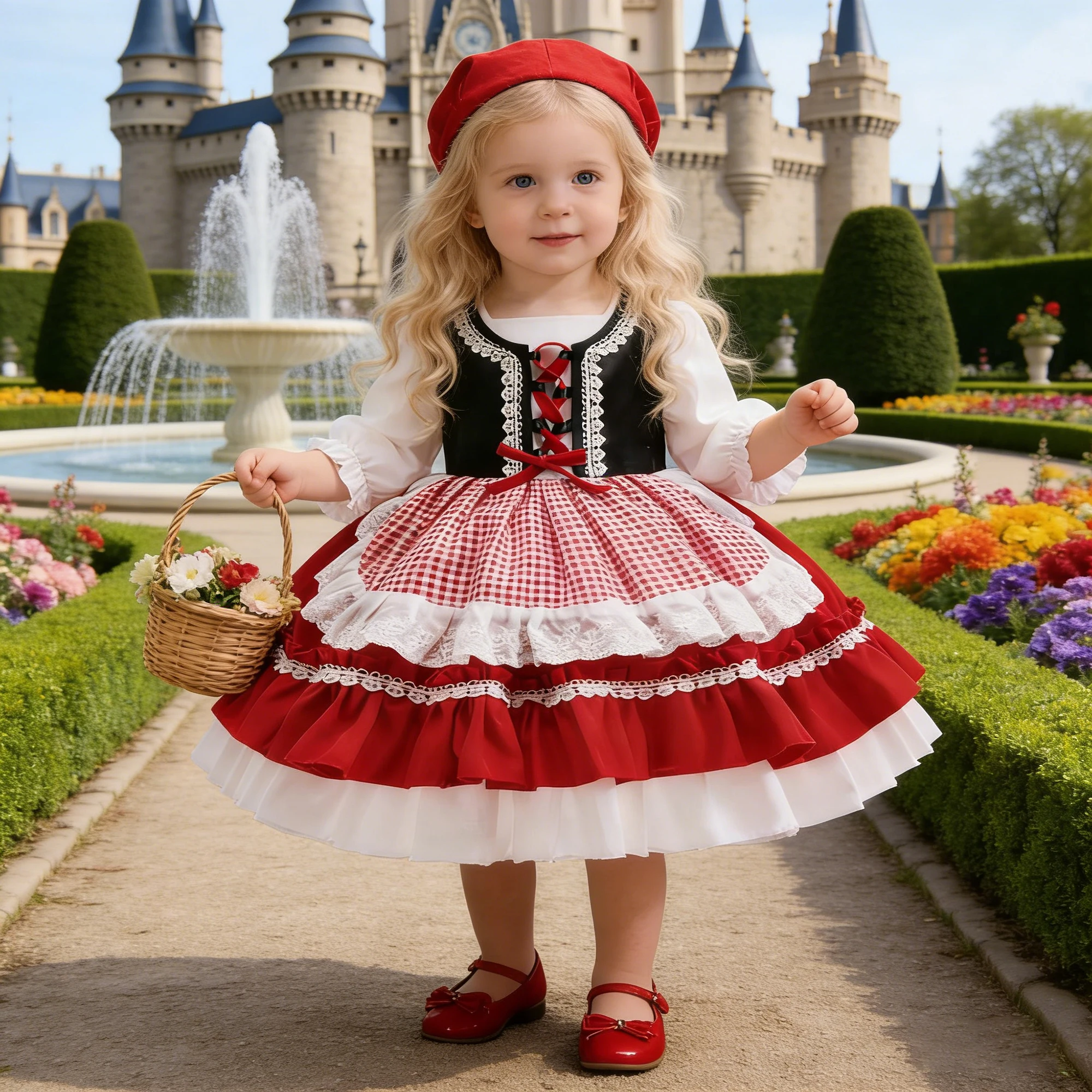 

Girl Carnival Halloween Christmas Costume Little Red Riding Hood Baby Girls Dress Maids Lolita Flower 1st Birthday Party Dresses