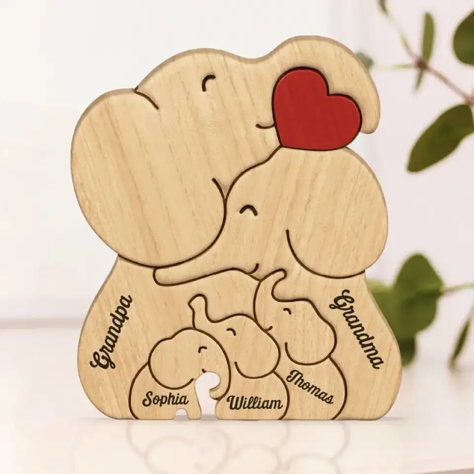 Elephant Family Wooden Puzzle Free Custom Personalized Name Animal Figurine Home Decoration Desktop Decorations Gift For Holiday