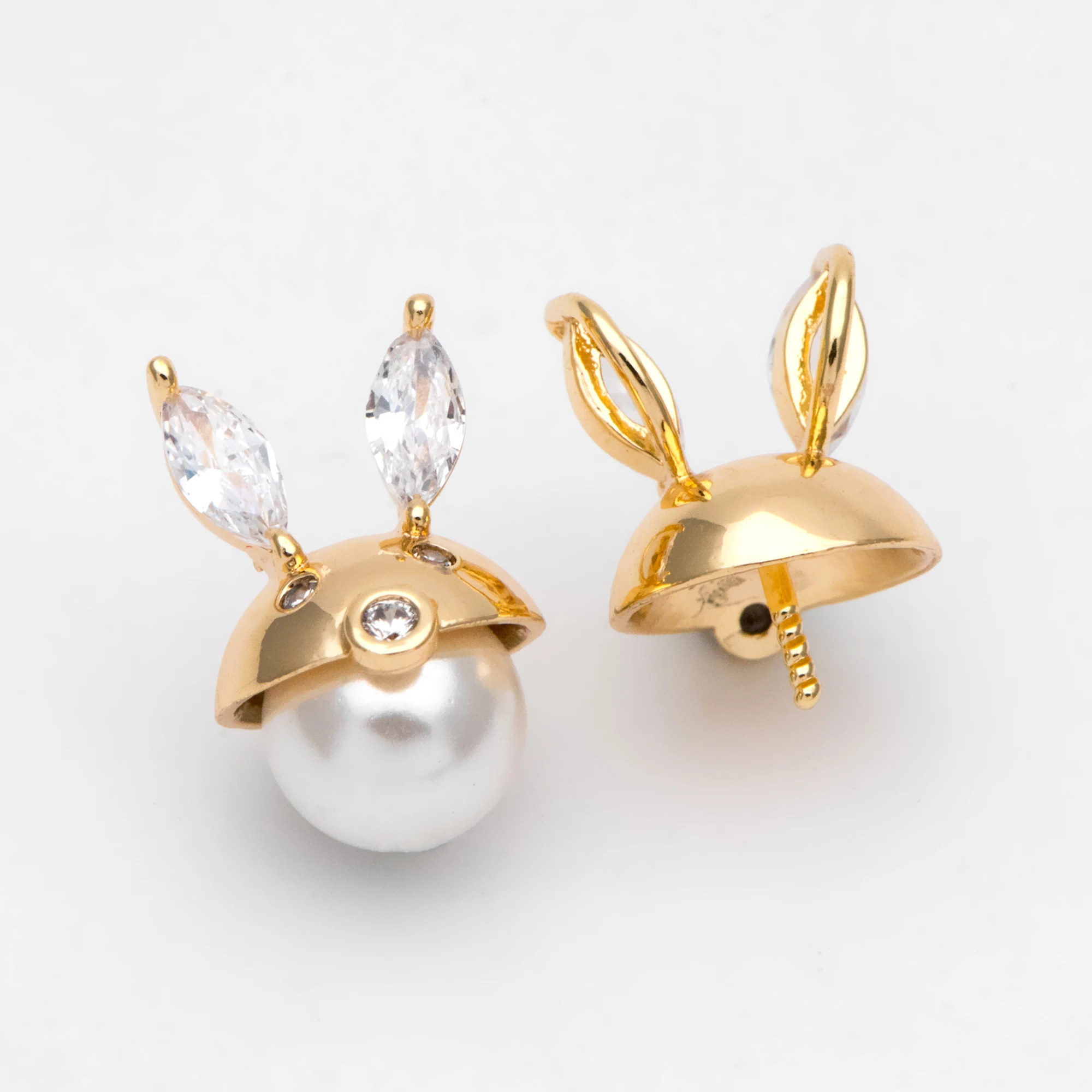 

4pcs CZ Paved Rabbit Bead Caps, Real Gold Plated Brass, Peg For Half Drilled Pearl Mounts, Peg Pearl Findings (GB-3163)