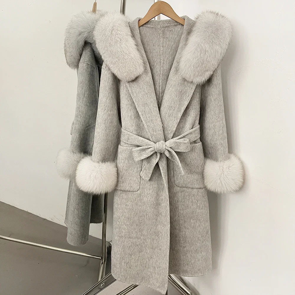 OFTBUY Wollmantel mit Echtfellkragen und Kapuze, Gürtel, 100% Wolle, Damen, Herbst/Winter, Luxus, Lange Kleidung mit Naturfell – Detail 20