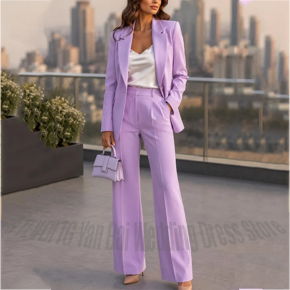 Modern Style Women's Suit Set 2 Piece Notched Lapel Straight Fit Elegant Outfit Solid Color Business Office Wedding Guest Suit