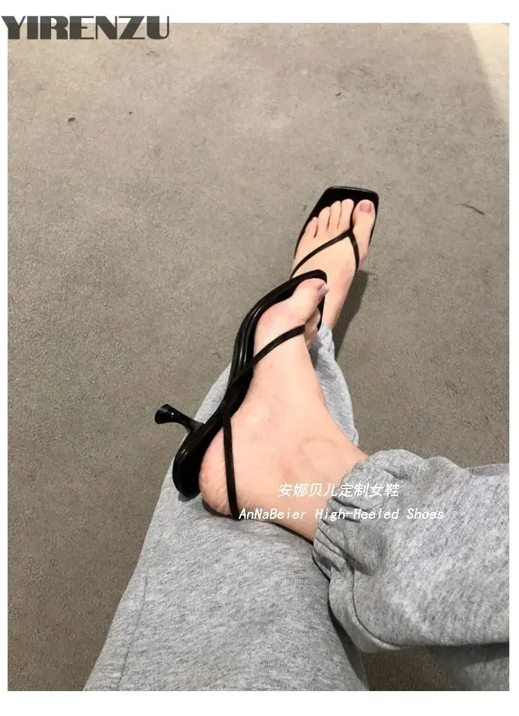 2025 New French Cat Heel Mid Heel Herringbone Sandals for Women's Summer Outwear Open Toe Clip Toe High Heel Sandals image 6