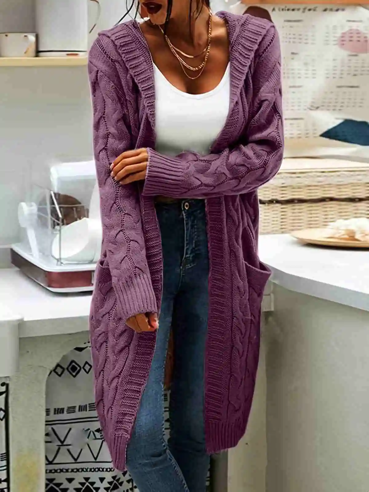 Hooded Open Front Cardigan Women Solid Color Pockets Knitted Long Sweaters Casual Loose Fit Long Sleeve Outerwears Streetwear