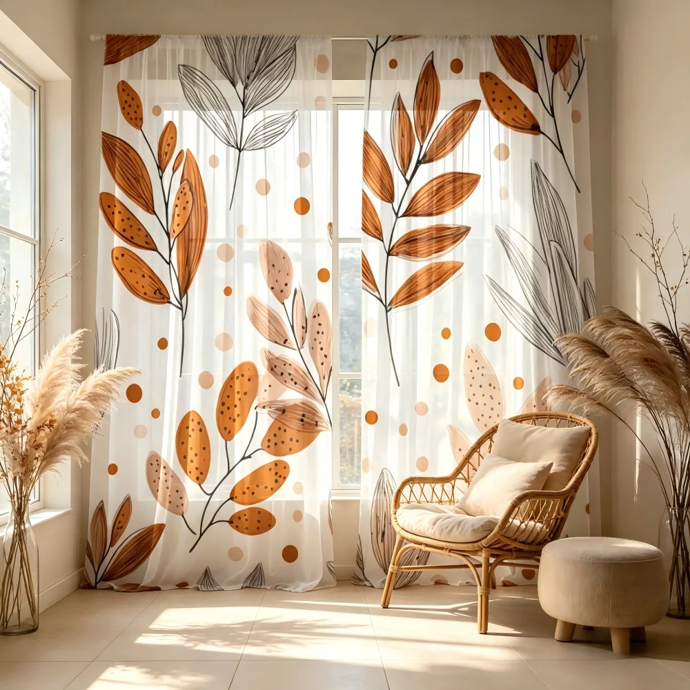 2PCS Digital Print Sheer Curtain, Autumn Brown Branch, Fall Nature Botanical - Voile Drapes for Bedroom Living Room Decor