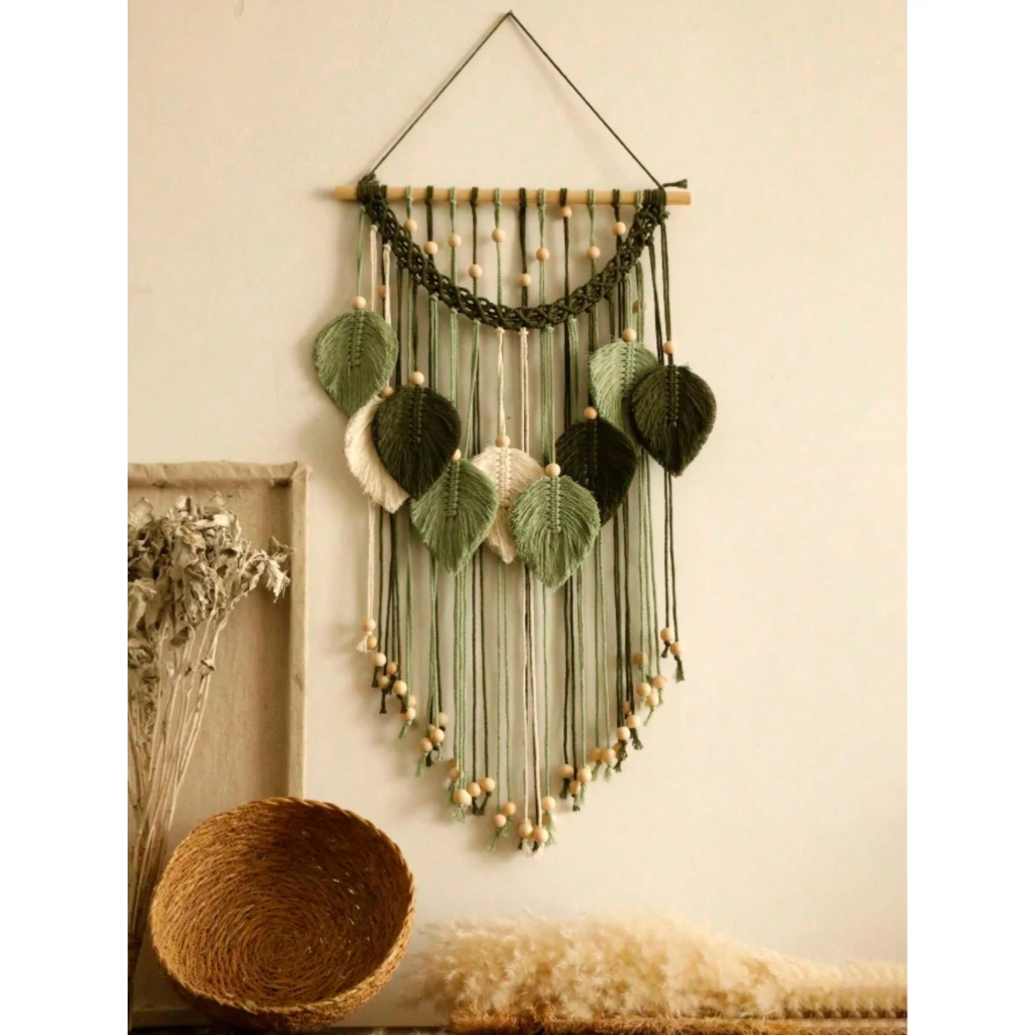 1pc Leaf-Shaped Wall Hanging, Bohemian Style Room Decoration, Hand-Woven Tassel Tapestry, Rustic Wall Decoration