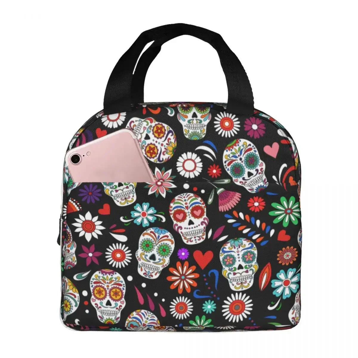 Day Of The Dead Sugar Skull Lunch Bags Waterproof Insulated Oxford Cooler Thermal Picnic Tote for Women Girl