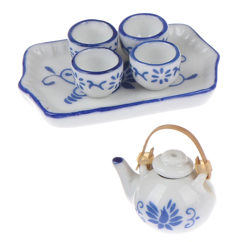 6Pcs Dollhouse Play Toy Gift Game Miniature Dining Ware Blue Porcelain Tea Set Ceramics Dishes Cups Plates Set