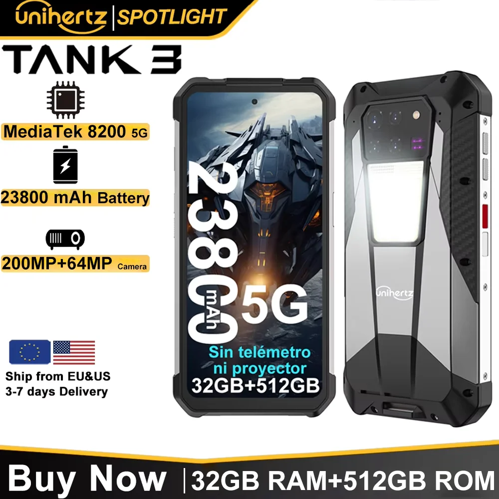 US AU EU Stock Unihertz 8849 Tank 3 Rugged 5G Smartphone 32GB 512GB 23800mAh 120W Charger Dimensity 8200 200MP 120Hz Cell Phone