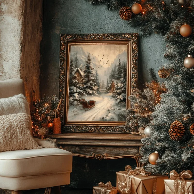 Vintage Winter Snowy Mountain Canvas Wall Art Sleigh Forest Scene Rustic Christmas Holiday Wall Print Unframed Canvas Poster