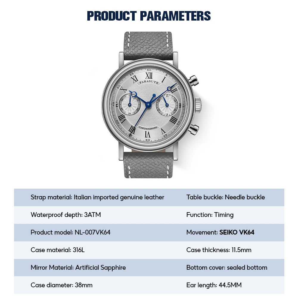 FARASUTE 2025 ニューレトロ メンズ腕時計 クォーツ スピードスポーツ クロノグラフ ARコーティング サファイア VK64 クロック メンズウォッチ