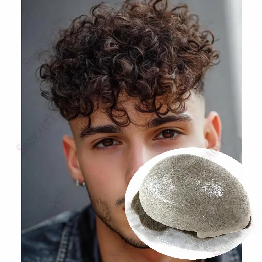 

18 мм вьющиеся 0,08 мм Vloop Skin Toupee Мужской парик Необнаружимый мужской протез волос Темно-русый Серый Черный Парики из натуральных человеческих волос