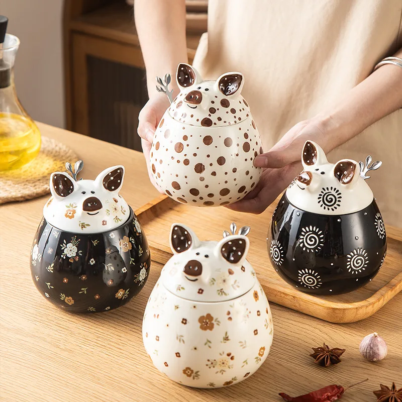 

Милые мультяшные животные, такие как петушки кролика, очаровательная банка для приправ свиньи, бытовая кухонная банка для соли, кухонная банка для хранения грубого зерна