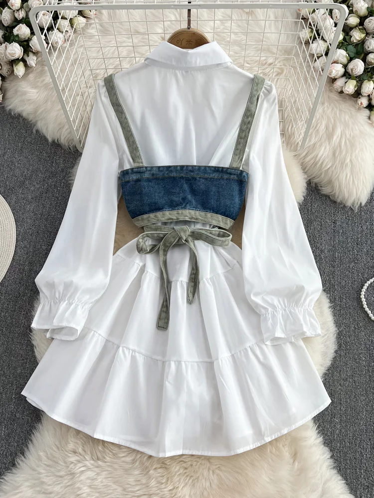 Spring Autumn Cowboy Female Elegant Length Sleeve White Shirt Dress Waistcoat Women\'s Two-Piece Set GD781