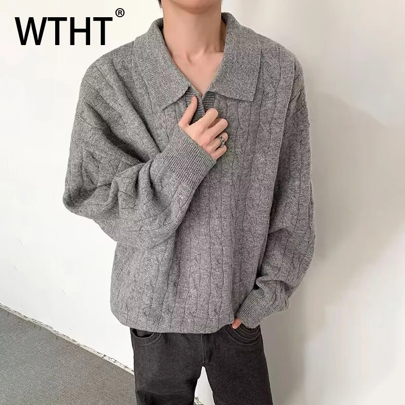 

Мужской свитер WTHT Fashion 2025: однотонный, фактурный, вязаный, свободного кроя, с отложным воротником, длинными рукавами, трендовая модель 2A2594