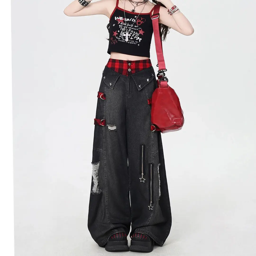 Jeans a vita alta per l'industria pesante con foro vecchio lavato Primavera Estate da donna 2025 Nuovo senso del design Pantaloni larghi dimagranti a gamba larga