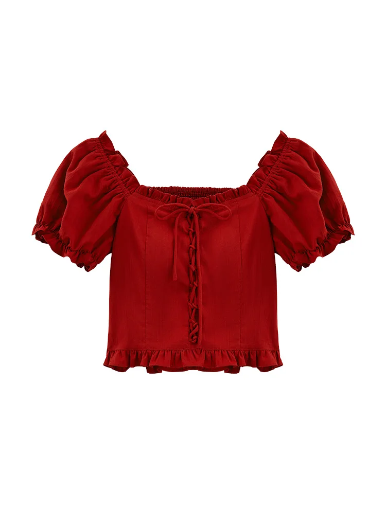 Off Shoulder Square Neck Lantern Sleeve Crop Top Women 2025 Summer Two-Way Ruffle Blouse Sexy Puff Sleeve Casual Streetwear Top