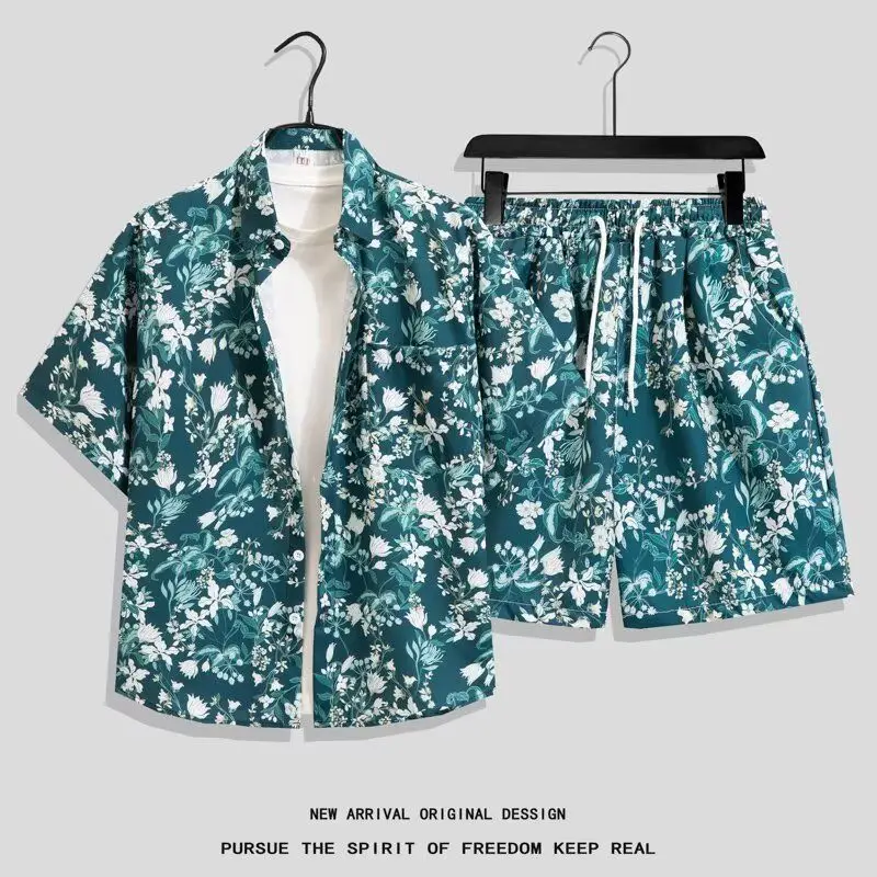 

Men Hawaiian Printed Two Piece Set Summer Breathable Short Sleeve Shirt And Shorts Couple Beach Casual Outfit For Travel