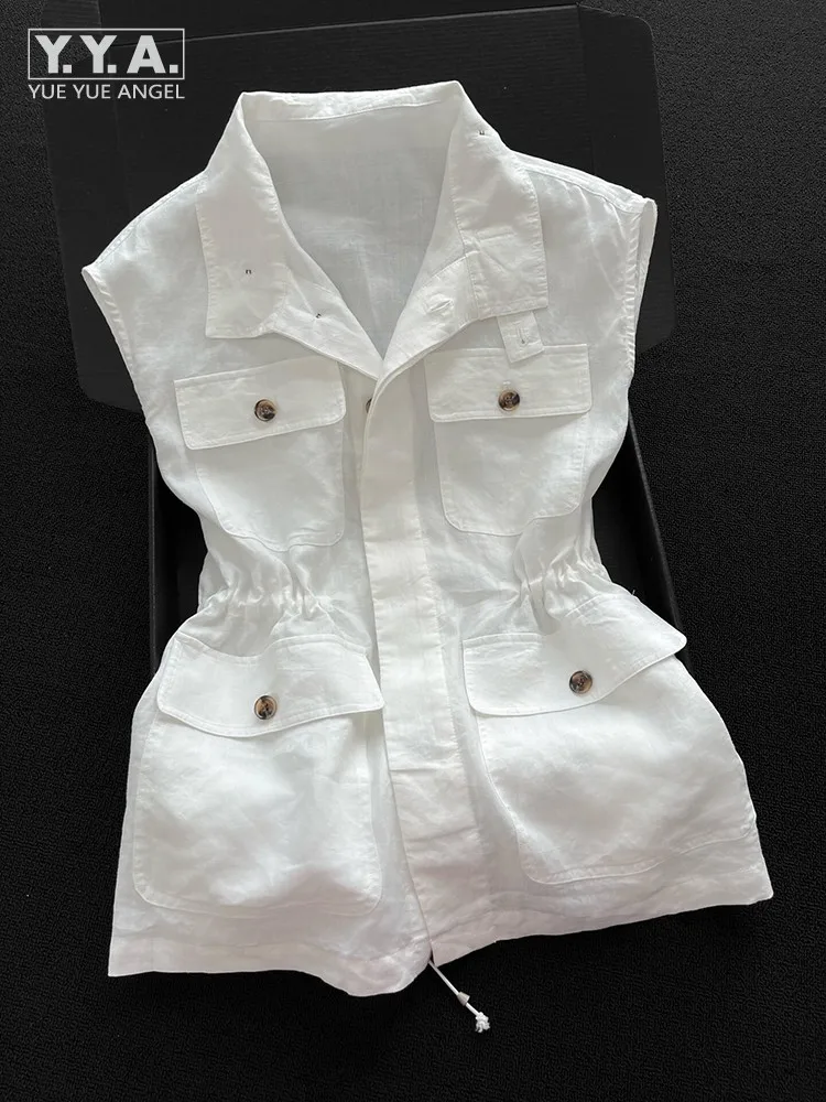 

Womens Summer Beige White Cotton Linen Drawstring Vest Sleeveless Multi Pocket Office Lady Stylish Turndown Collar Casual Tops