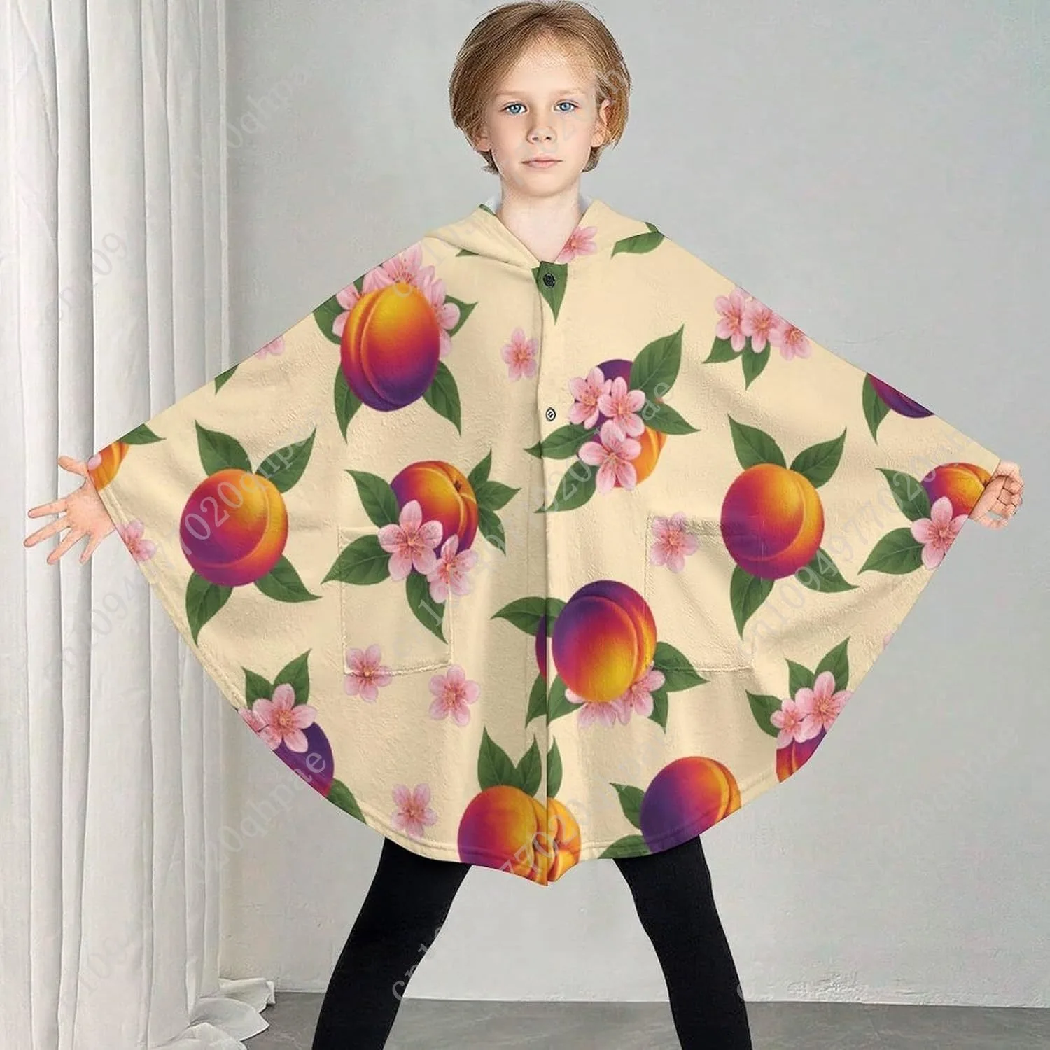 Comodo maglione coperta in flanella, felpa con cappuccio oversize con motivo floreale a frutta con tasche per bambini e adolescenti