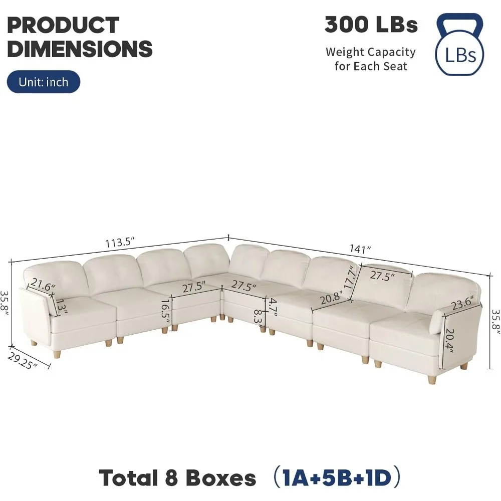 Segmented L-shaped modular sofa with storage, corner cloud sofa with chaise longue, 141