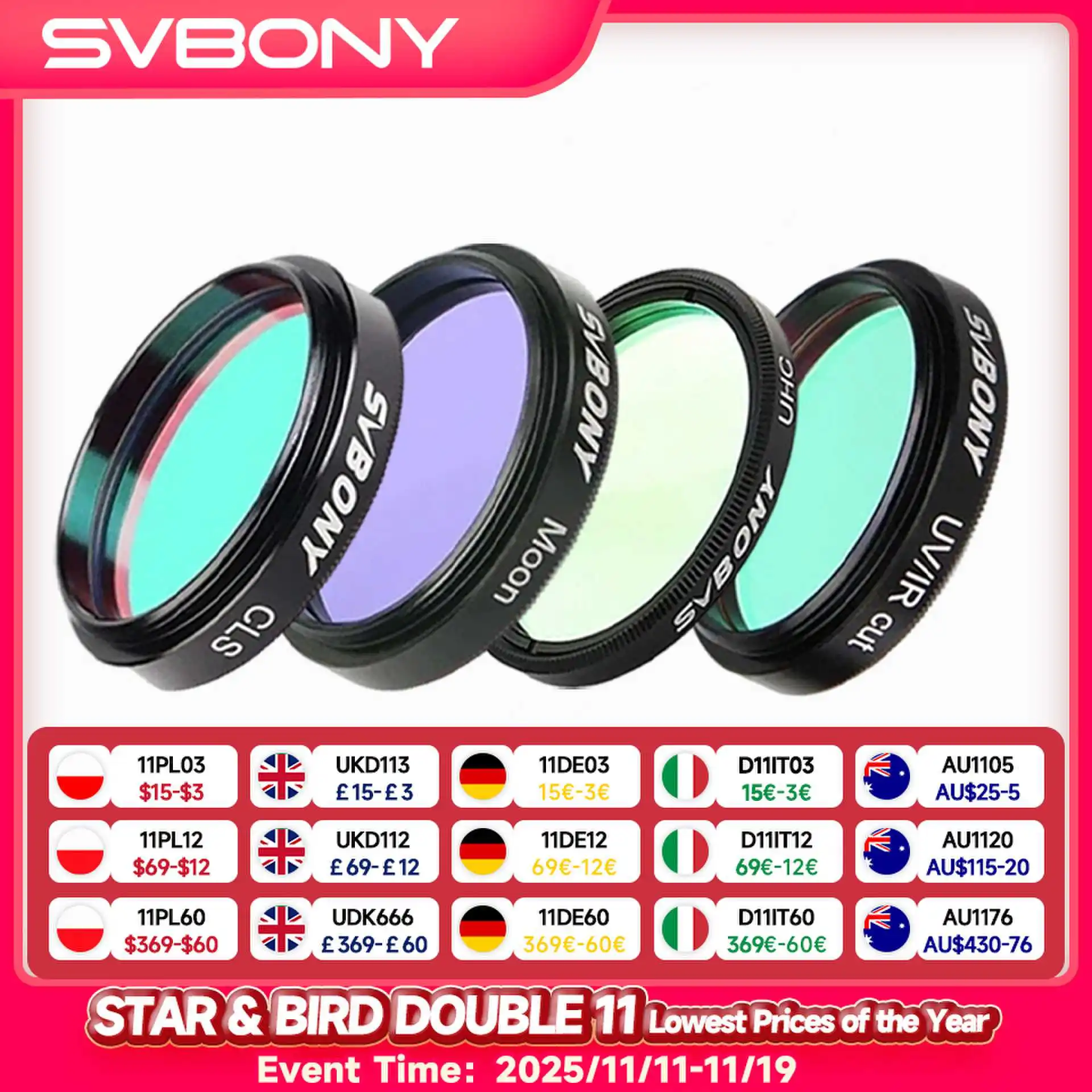 

SVBONY 1.25''/ 2" Filter UHC+CLS+Moon+UV/IR Cut Filter, Astronomy Telescope Monocular Astronomical Observations