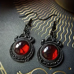 Vampire Blood Red Round synthetic gems Decor Black Dangle Earrings Retro Goth Style Alloy Jewelry Creative Female Gift Daily Cas