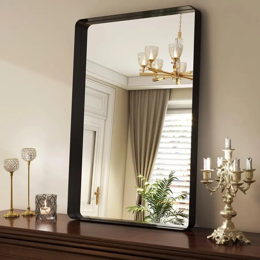 Inch Black Bathroom Mirror Modern Black Rectangle Mirror for Wall with Rounded Corners, Bathroom Mirrors for Vanity, Aluminum Al