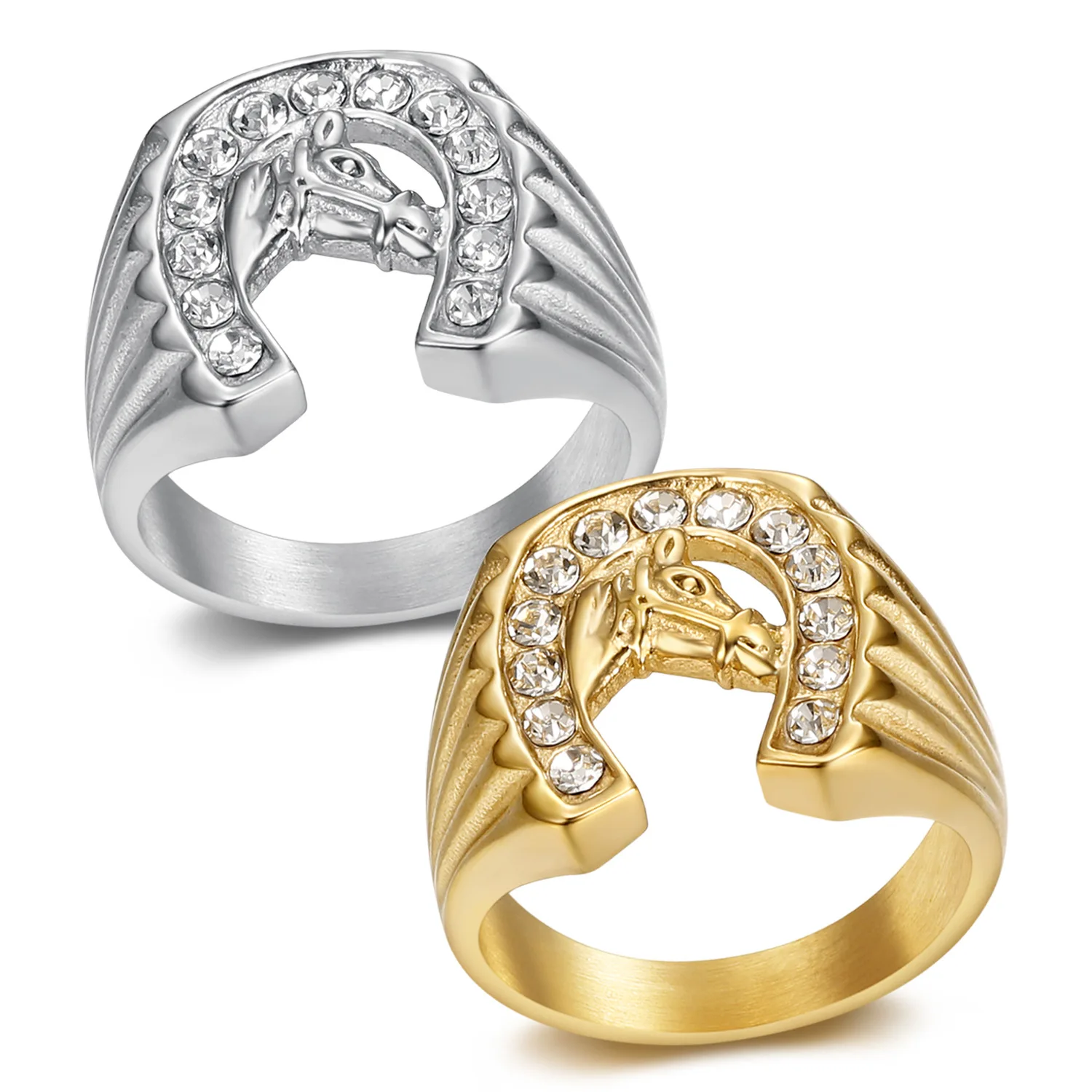 

BAECYT Hip Hop Iced Out Horse Head Ring Male Gold Color Stainless Steel Big Animal Rings For Men Fashion Party Jewelry Gifts