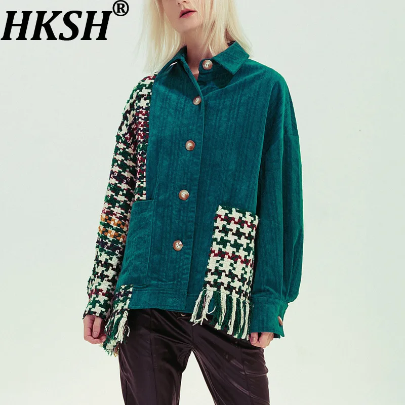 

HKSH Autumn New Women Jacket Asymmetric Design Jacquard Plaid Patchwork Contrast Color Tassel Hem Streetwear Trendy Coat HK12332