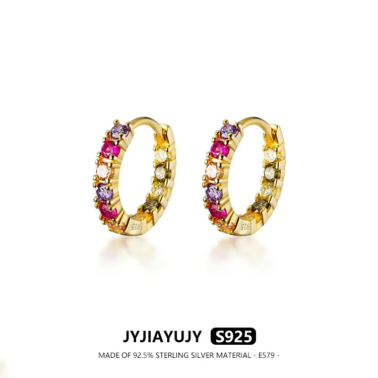 

JYJIAYUJY 100% Sterling Silver S925 Hoop Earrings Multi Color Zircon High Quality Fashion Hypoallergenic Jewelry Gift Daily E579