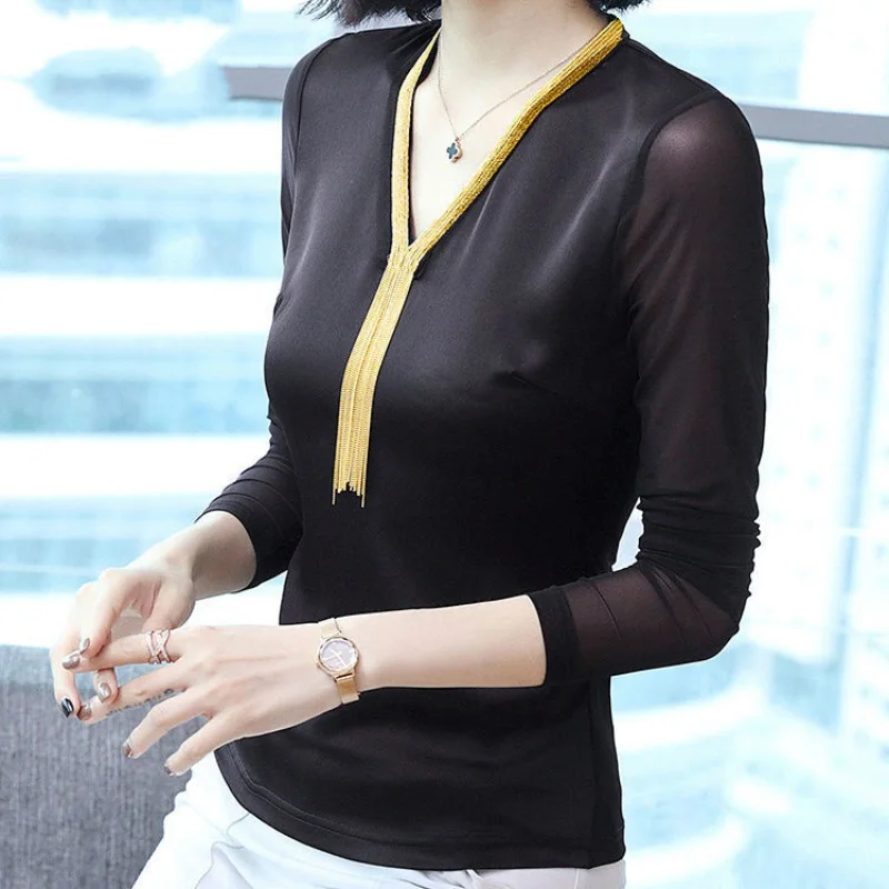 Sexy Net Yarn Thin Bottoming Shirt Spring Autumn New Long Sleeve V Neck Slim Solid Color Tops Tees Vintage Office Women Clothing