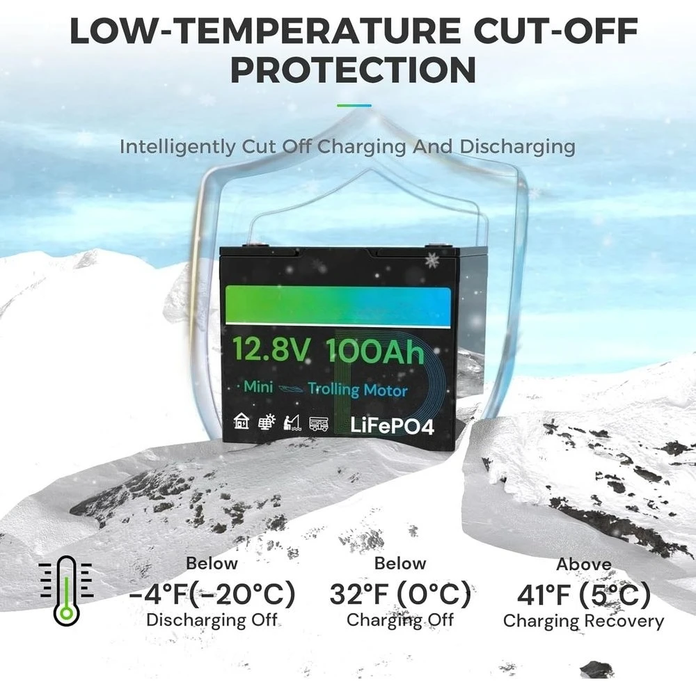 12V 100Ah LiFePO4-batterij voor campers Mini TM BCI Groep 24 Bescherming tegen lage temperaturen Ingebouwde 100A BMS Lithium RV-batterij