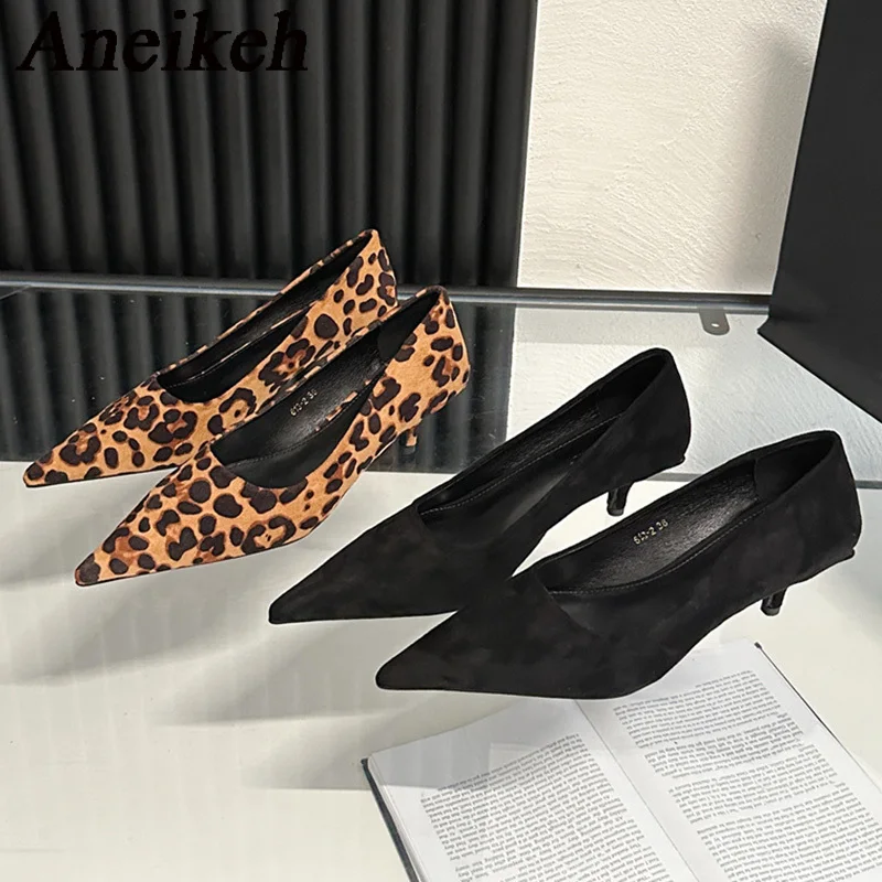 Aneikeh 2024 Elegant Leopold Pointed Thin Heel Single Shoes Women's Flock Shallow Mid High Heels Party Dress Ball Mules Zapatos