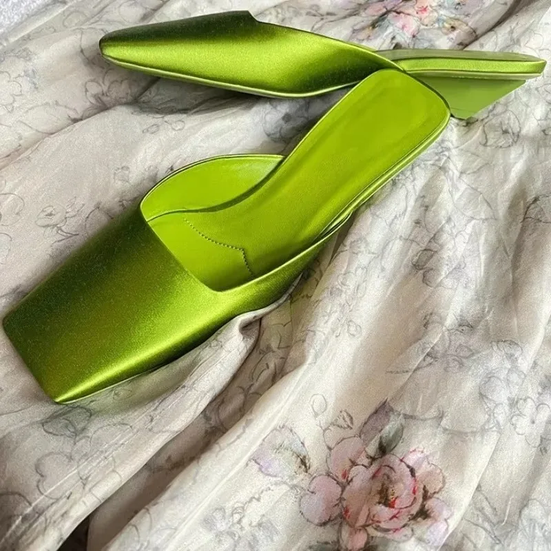 Luxury Satin Sandals Women Summer Sexy Square Head Strange Low Heel Slide Sandals Chunky Heel Elegant Design Mule Slippers Women