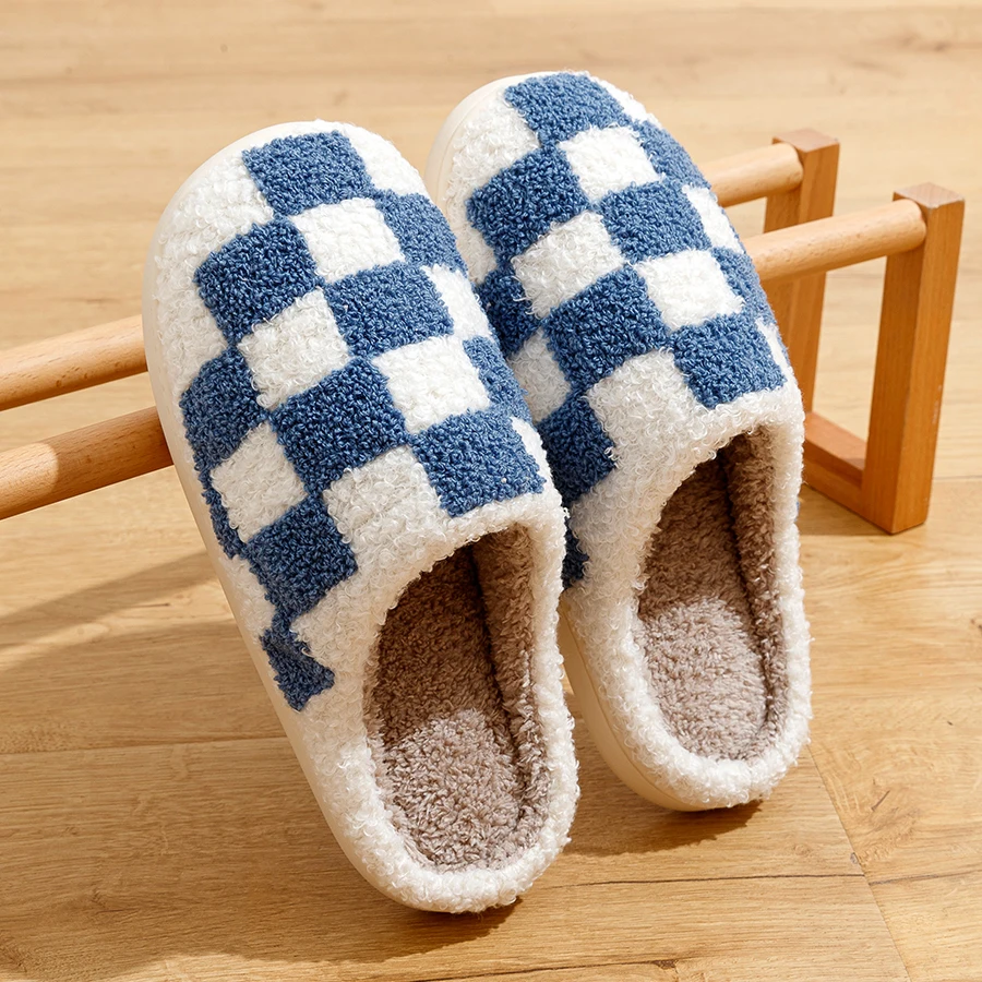 Fuzzy Women Men Slippers Fashion Checker Embroidery Houseshoes Cozy Fluffy House Retro Checkered Print Winter Home Shoes