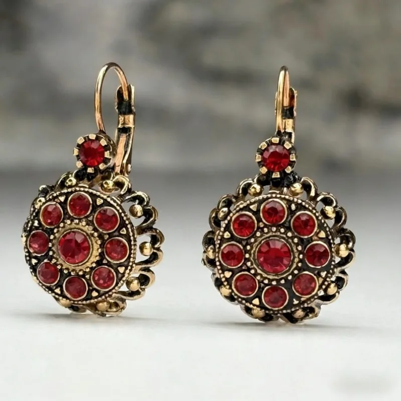 Gorgeous Inlaid Red CZ Dangle Women's Earrings Trendy Golden Color Geometry Daily Wear Party Jewelry Anniversary Gift