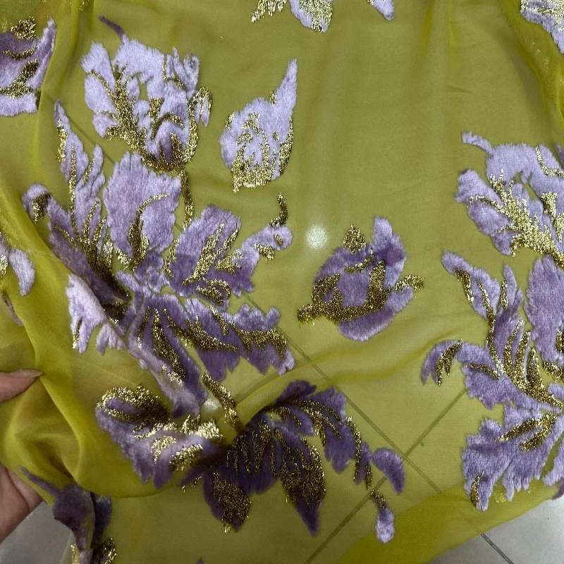 New Woven Velvet Artificial Silk Jacquard Brocade Sticky Velvet Fabric High-End Dress Cheongsam Robe Fashion Yellow