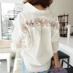 Women's Sexy Hollow Out Lace Blouse Backless Shirt Loose White Office Blouse Ladies Casual Tops Summer Spring Fashion 1310
