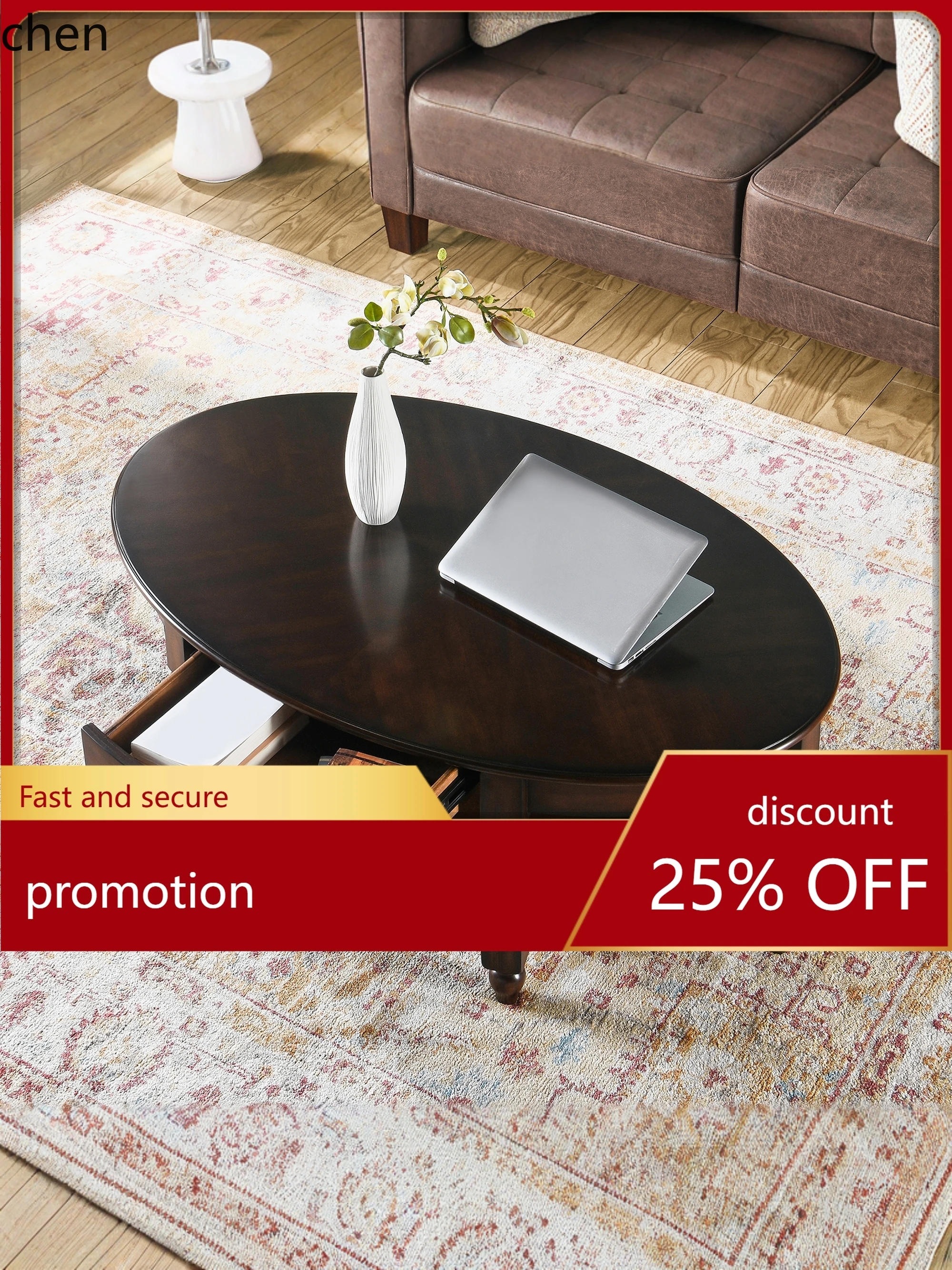 HT Solid Wood Coffee Table Oval Shape Living Room Double Layer with Drawer Rustic Coffee Table Vintage Distressed Tea Table