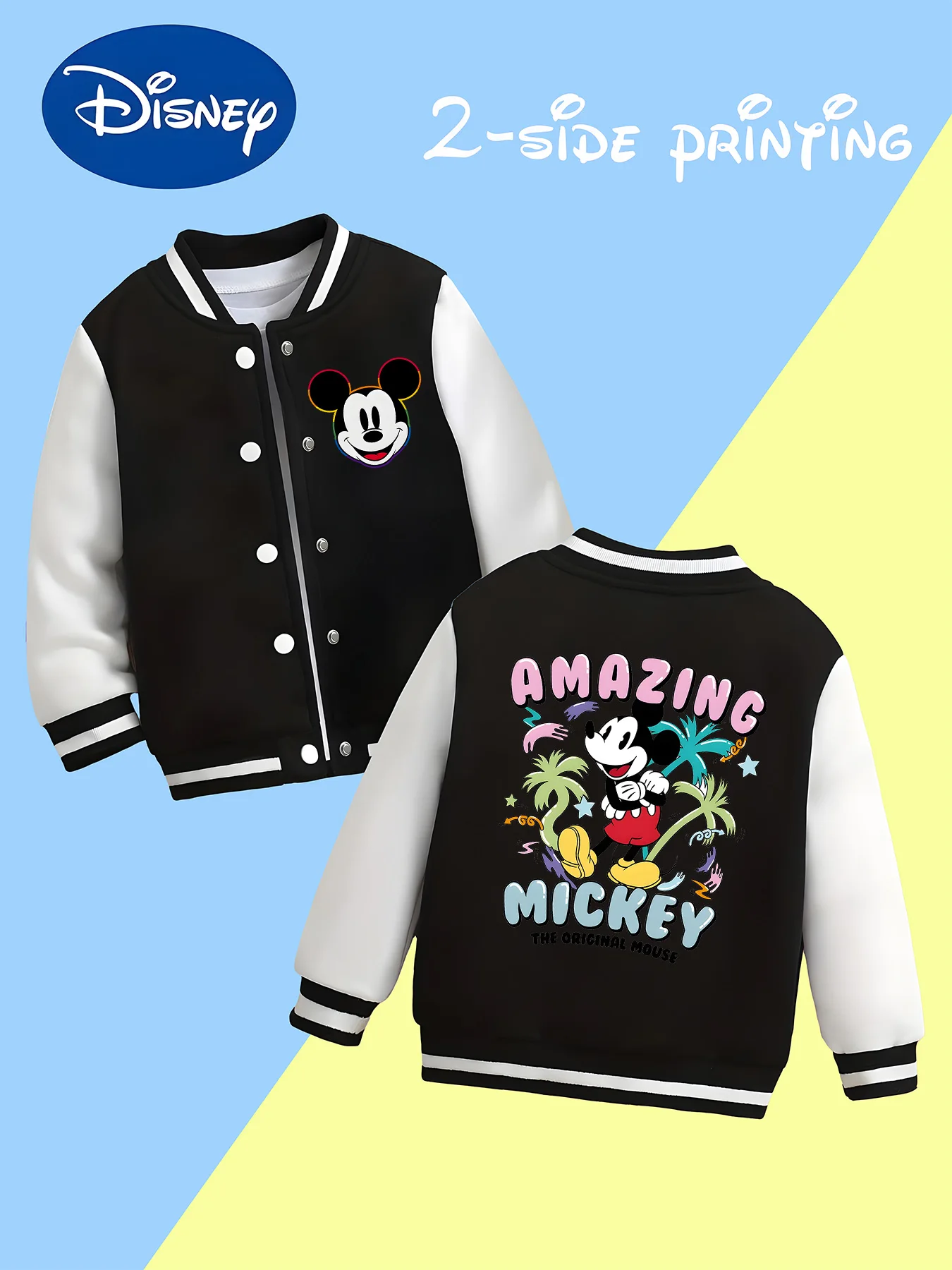 

MINISO Disney Boys' Baseball Jacket - Mickey "AMAZING" Resort Edition, double-sided Mickey print,perfect for school and the park