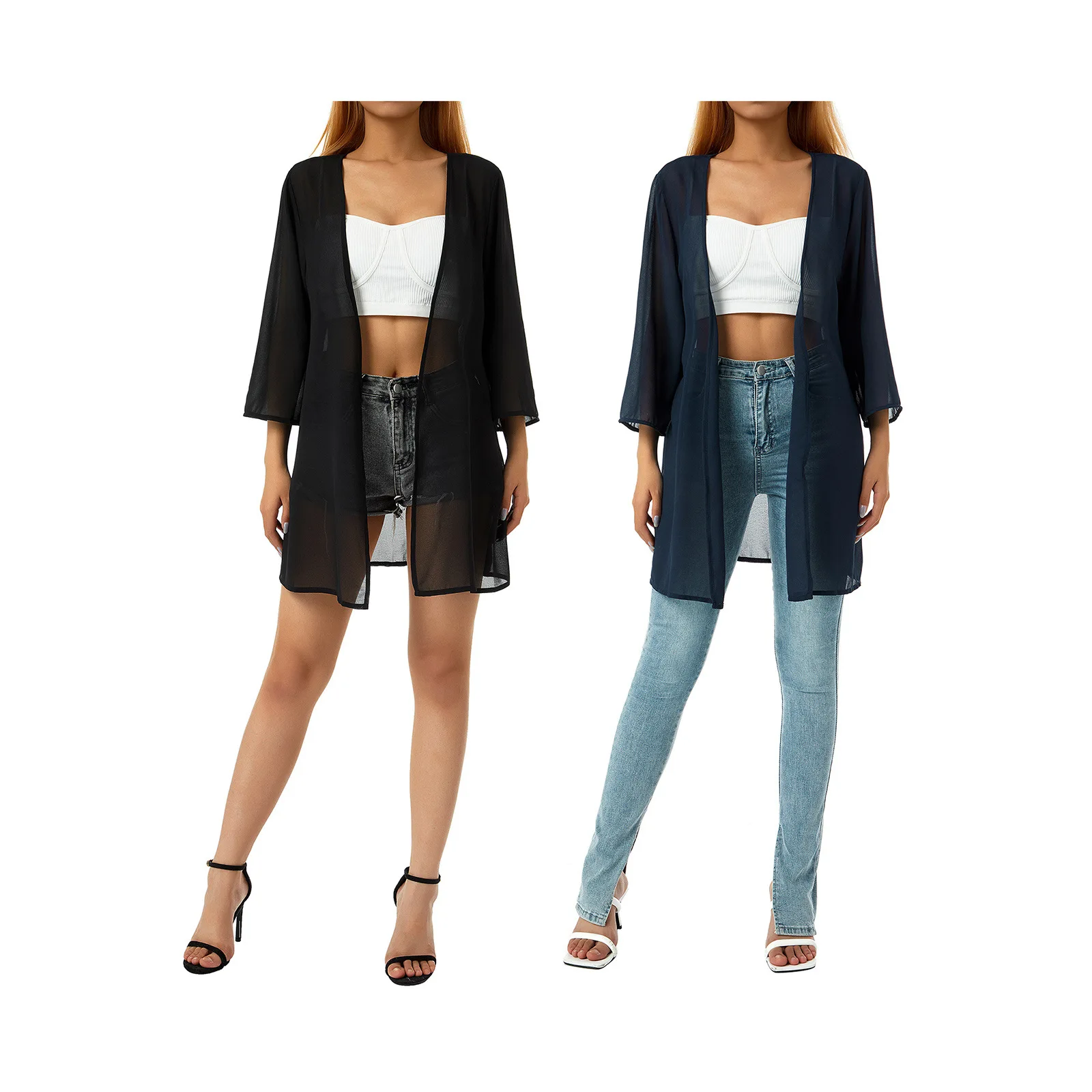 Abbigliamento estivo da donna, bikini da spiaggia, camicetta con protezione solare, cardigan in chiffon per le vacanze, tinta unita ampia