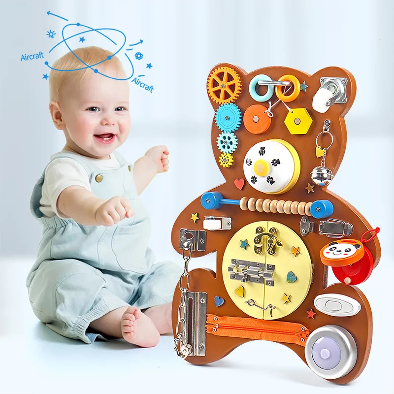 

Wooden Montessori Bear Busy Board Multifunction Brainstorm Concentration Training Mechanism Unlocking Children's Education Toys