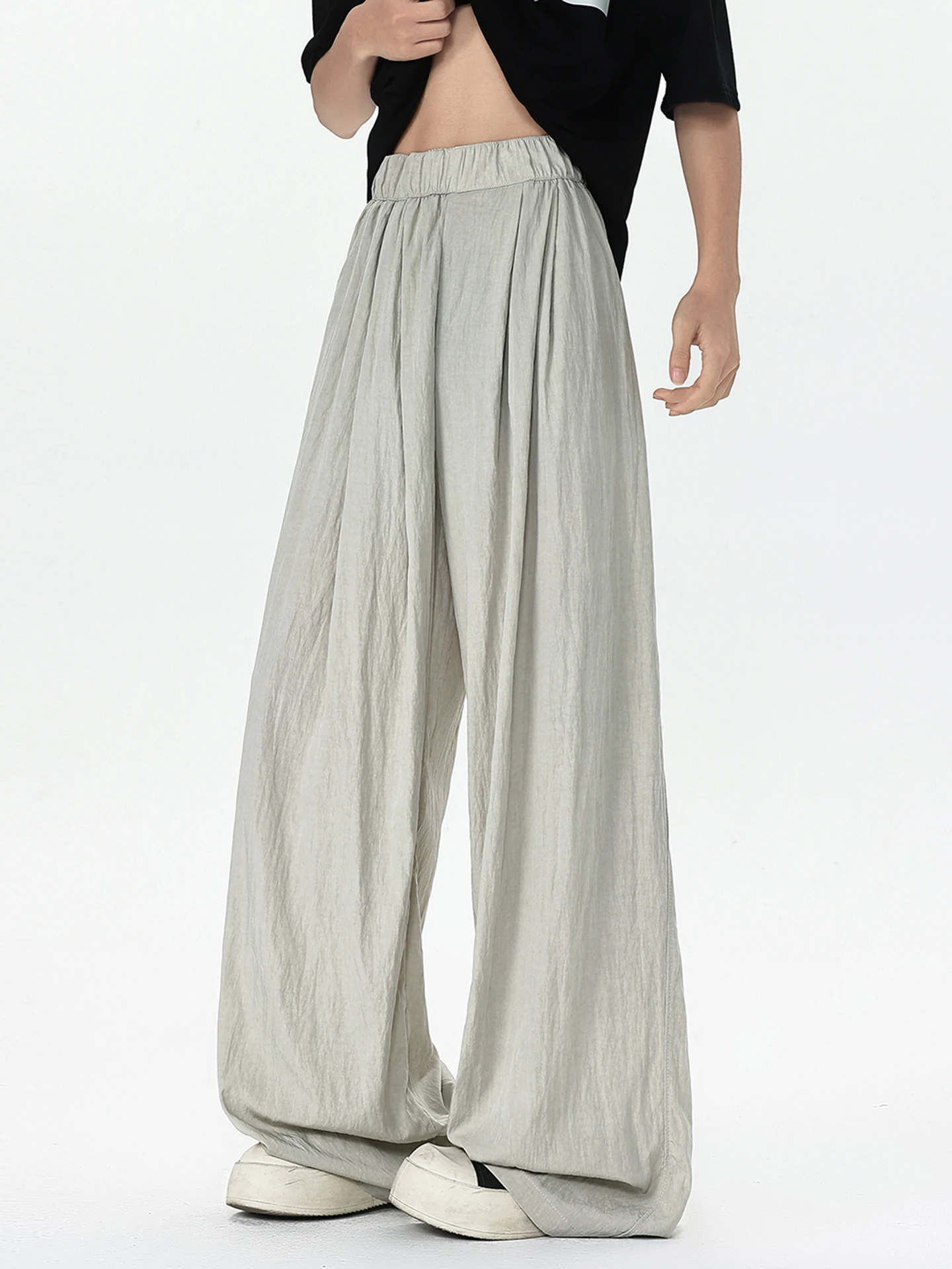 Dopamine Folded Ice Silk Drape Wide Leg Pants Men Summer Trend Loose Casual Large Size Floor-Length Straight Leg Trousers