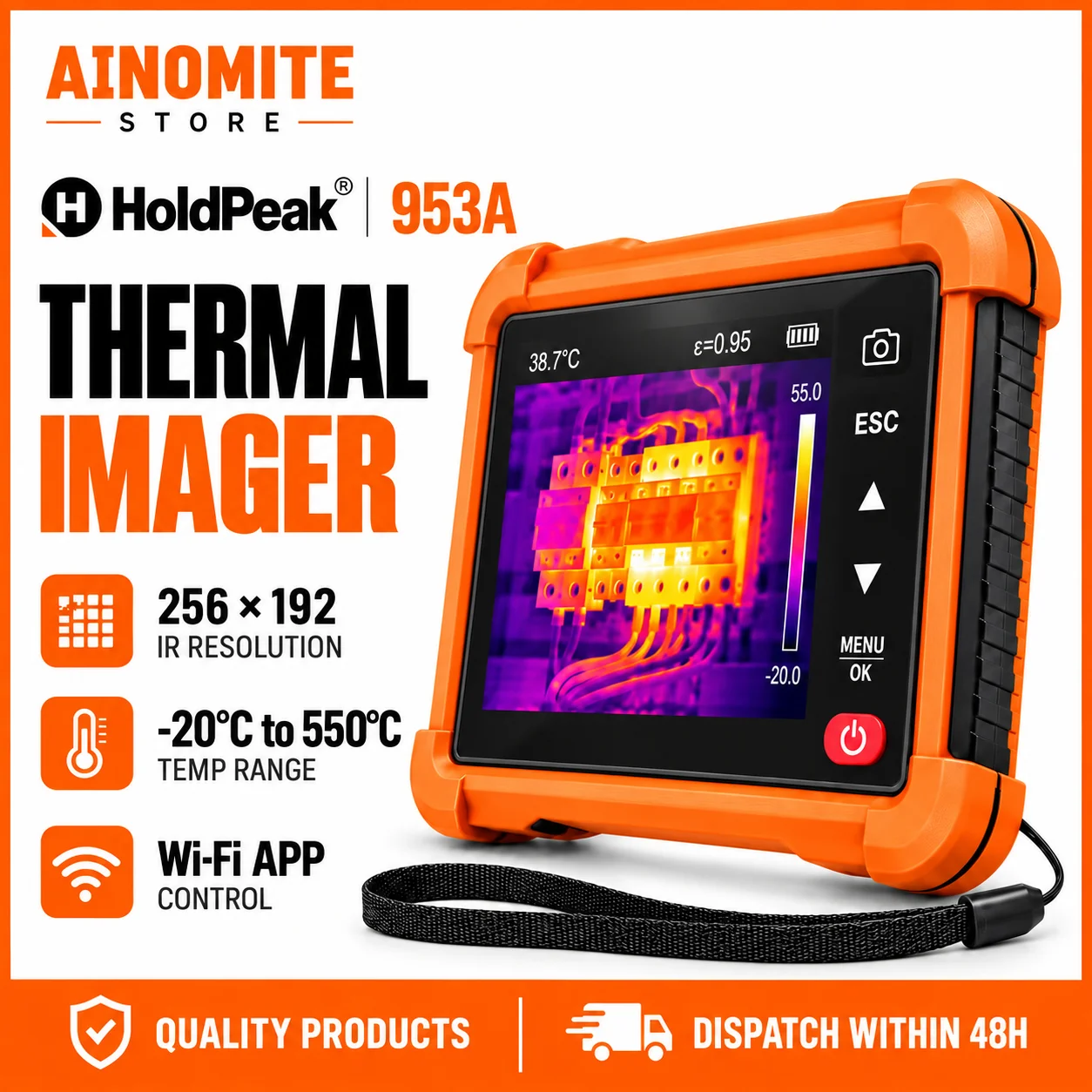 Flat Panel Thermal Imager 256×192 IR Resolution -20℃~550℃ WiFi APP Control 3.5-inch LCD High Low Temp Tracking Thermal Camera